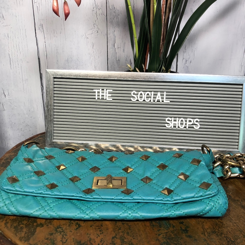 Nila Anthony Turquoise Quilt Studded Shoulder  Bag